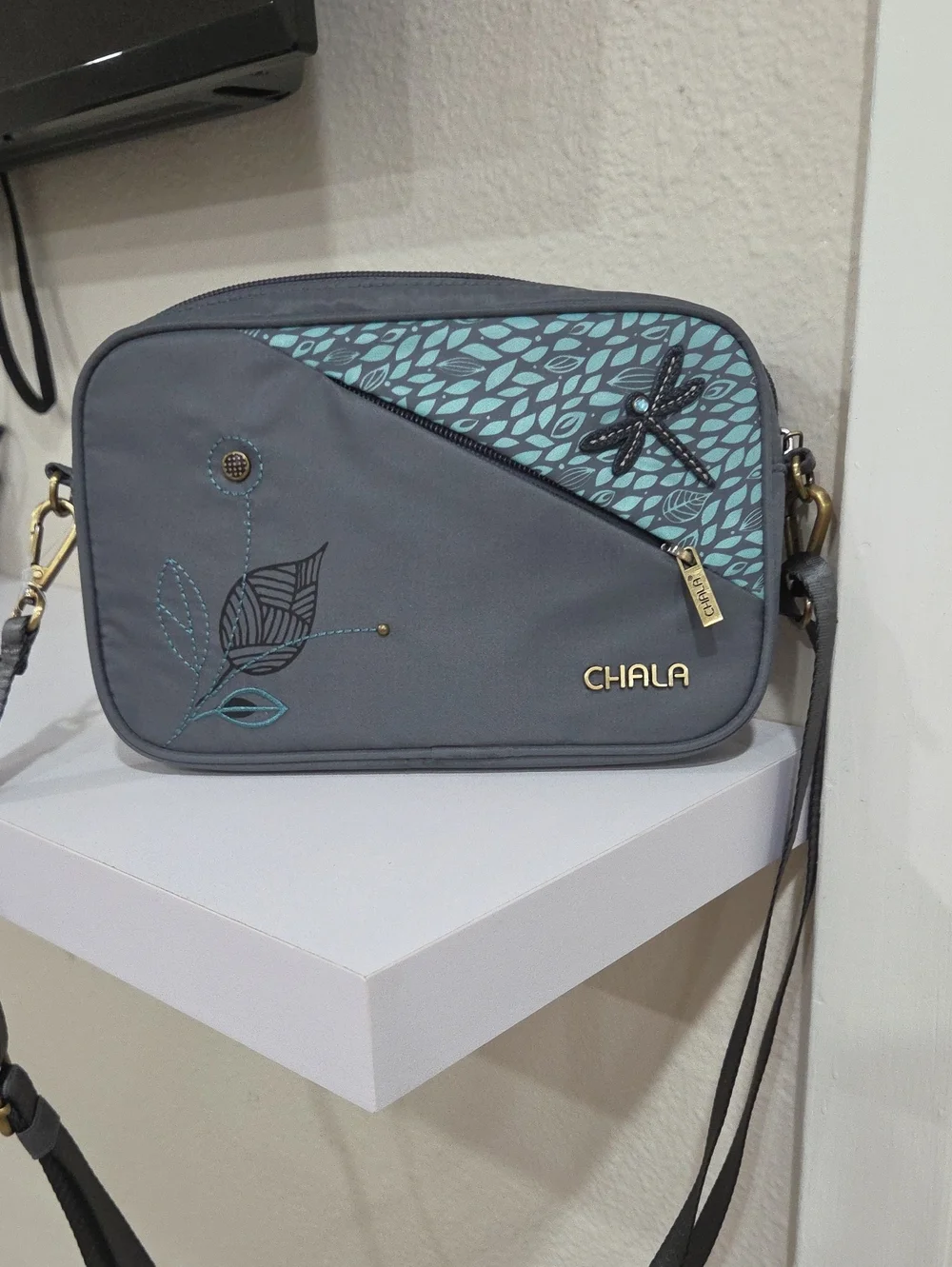 Chala Venture Gray & Teal Leaf Accent Crossbody Bag With Dragonfly